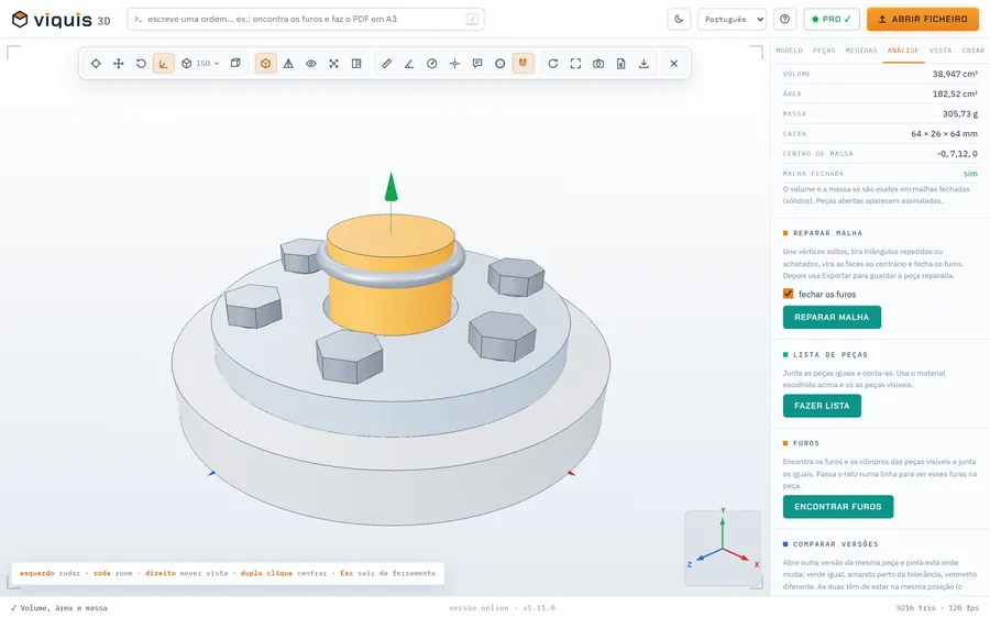 Viquis 3D com a montagem de exemplo: volume, área e massa em aço.
